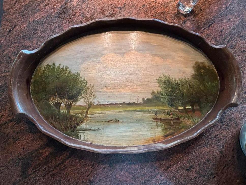 Antiek Theeblad met Schilderij, Ophalen, Gebruikt, Ovaal, Hout