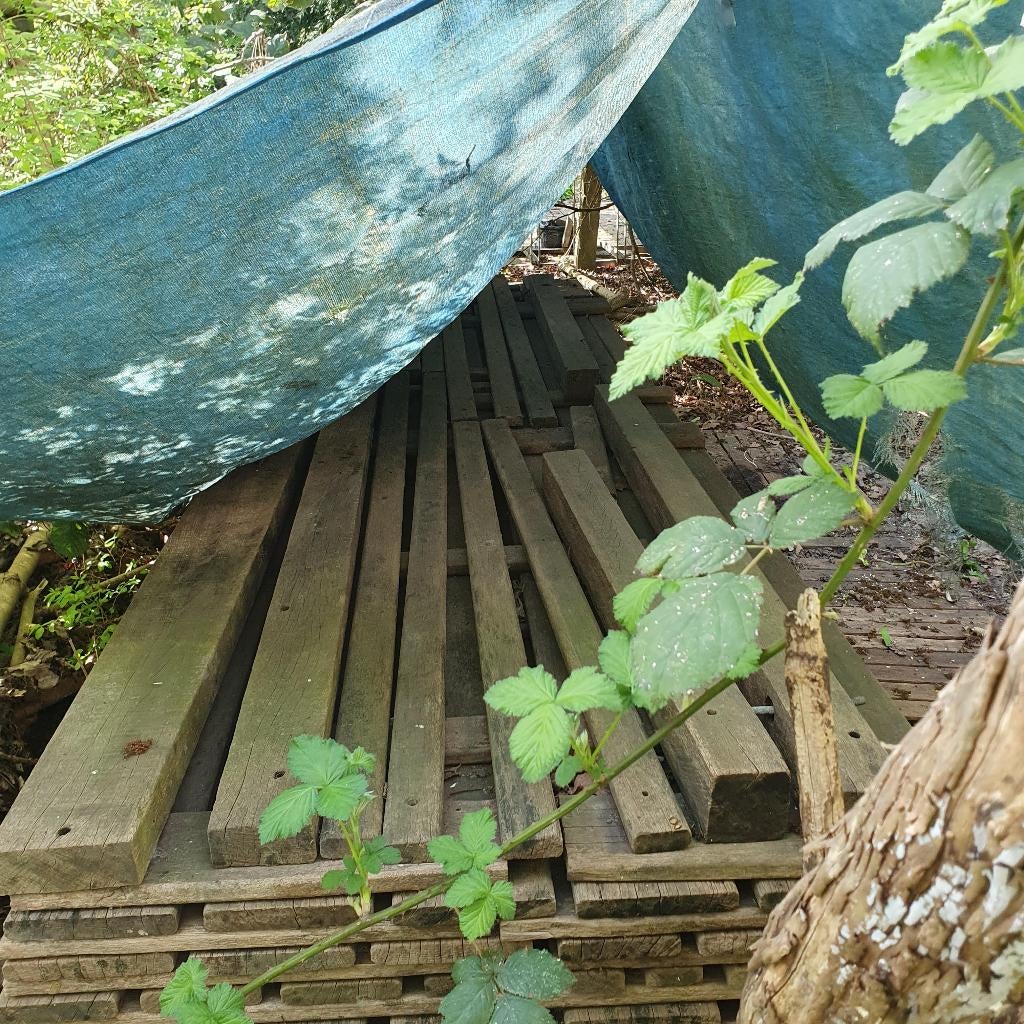 Partij balken en planken hardhout, Doe-het-zelf en Verbouw, Hout en Planken, Ophalen, Gebruikt, 25 tot 50 mm, Plank