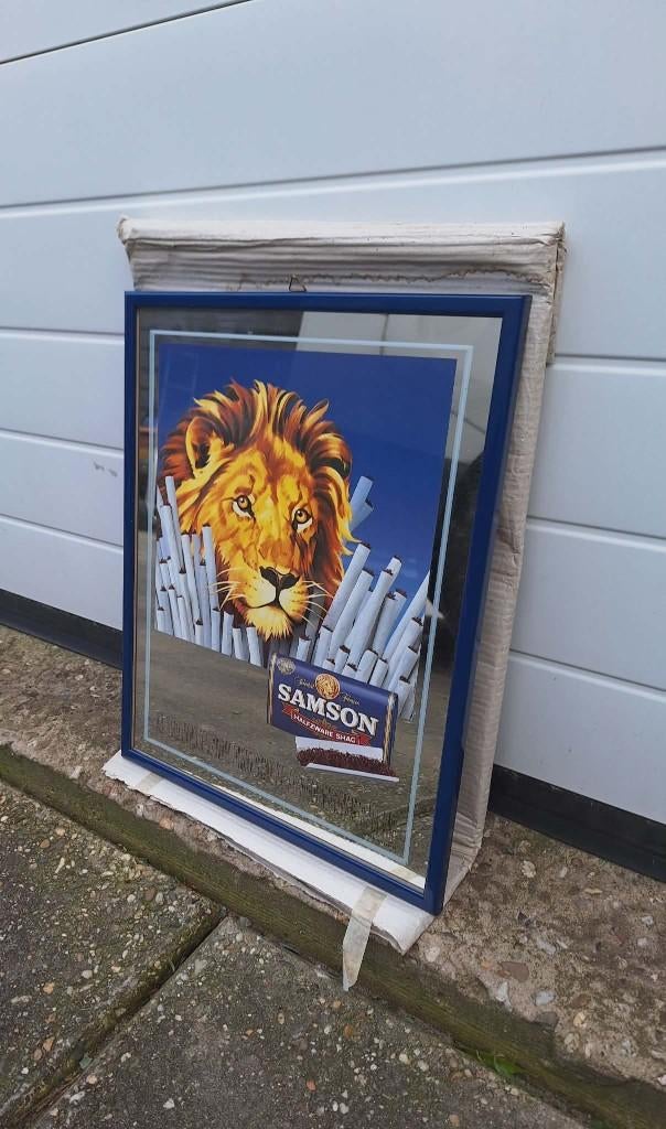 Vintage reclame spiegel van Samson halfzware shag., Ophalen, Reclamebord, ., Nieuw
