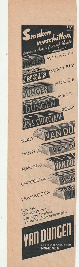 Retro reclame 1940 Van Dungen chocola in 10 smaken, Verzenden, Overige typen