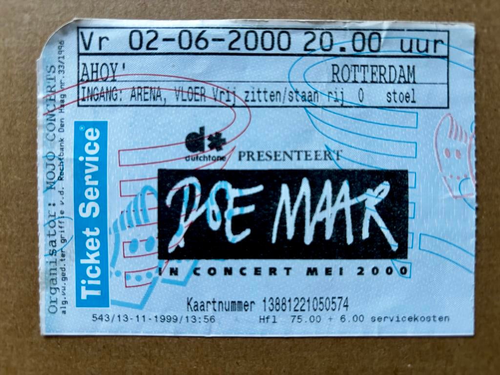 Doe Maar - Ahoy 2000 origineel concertkaartje, Ophalen of Verzenden, Gebruikt, Foto of Kaart