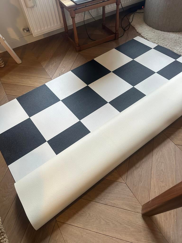Vloer-vinyl zwart wit motief (2 x 1,55 m), Ophalen, Zwart, Nieuw, Minder dan 10 m²