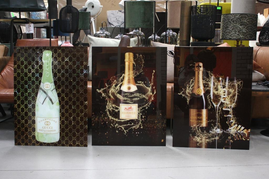 3 x luxe glaslijst schilderij Hermes - Louis Vuitton - Gucci, Huis en Inrichting, Ophalen, 50 tot 75 cm, Zo goed als nieuw, Schilderij