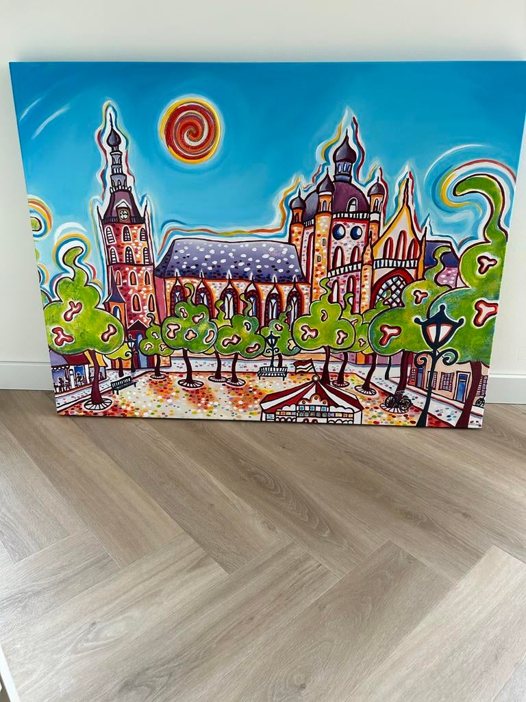 Vrolijk Stadsgezicht Den Bosch Schilderij - 120x90 cm, Antiek en Kunst, Kunst | Schilderijen | Modern, Ophalen