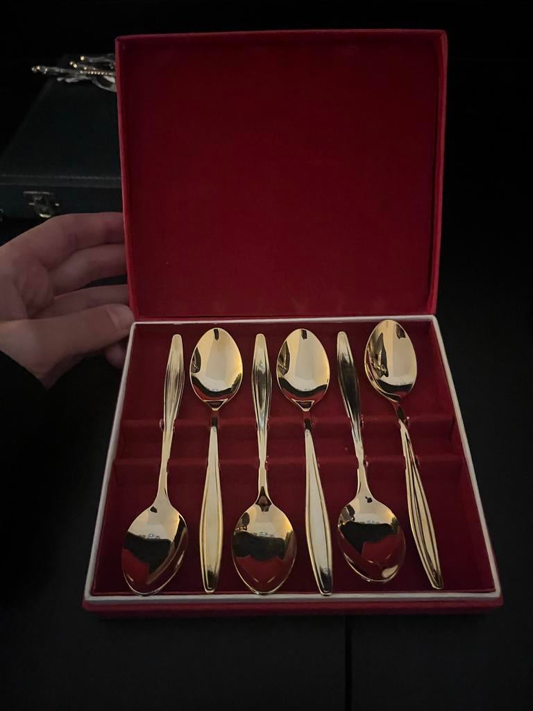 Set van 6 vergulde lepels in rode geschenkdoos, Antiek en Kunst, Antiek | Bestek, Ophalen of Verzenden