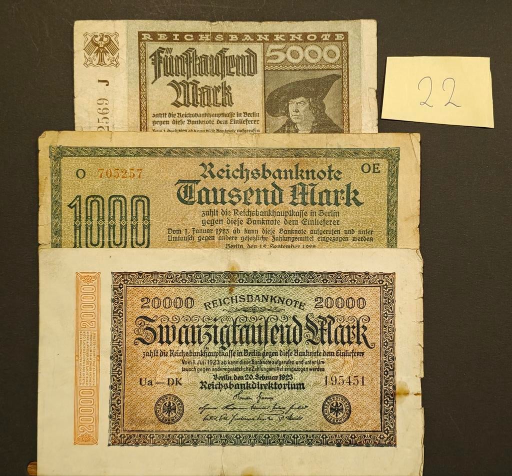 Duitse hyperinflatie biljetten 1922-1923 (1000-20000 Mark), Postzegels en Munten, Bankbiljetten | Europa | Niet-Eurobiljetten