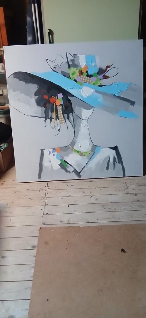 Groot modern handgeschilderd vrouw met hoed canvas 100x100, Antiek en Kunst, Ophalen of Verzenden