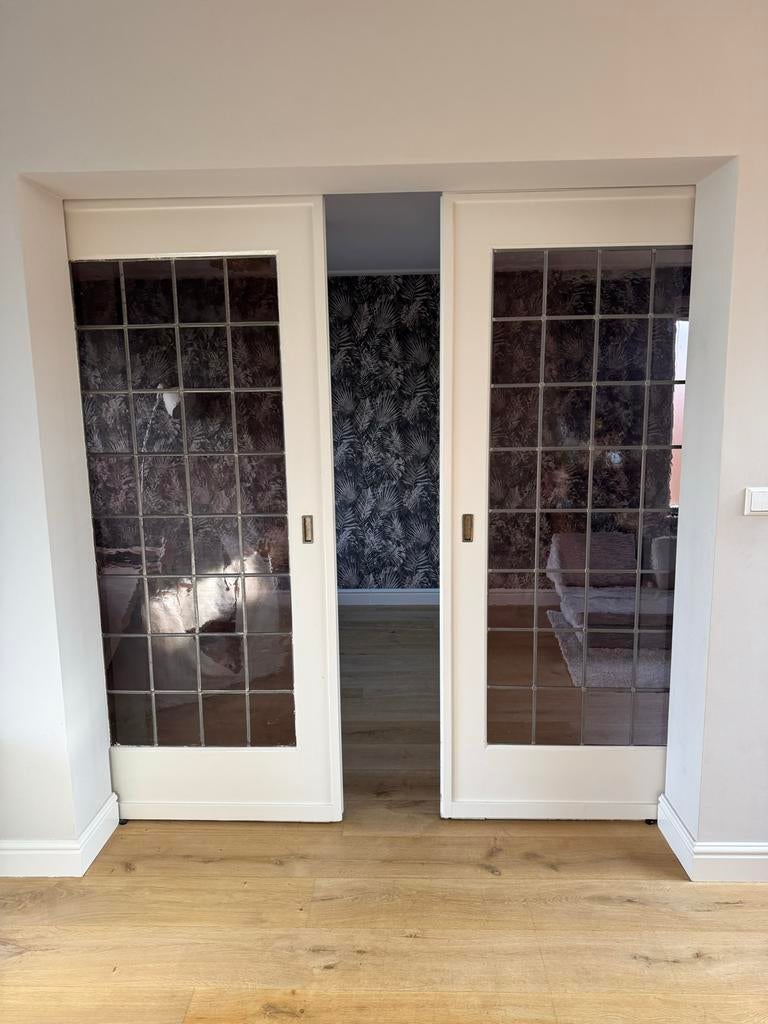 Ensuite glas in lood deuren.  213 x 109 en inclusief rails, Doe-het-zelf en Verbouw, Deuren en Horren, Gebruikt, Binnendeur, Schuifdeur