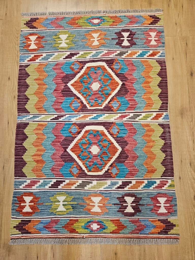 Handgeweven oosterse wollen kelim 126x85, Info@SlatsAntiek.nl, Crème, 100 tot 150 cm, Vof Slats Antiek