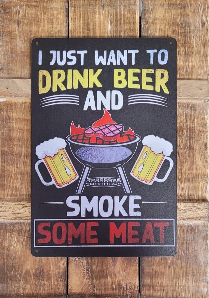 Drink bier smoke meat BBQ reclamebord van metaal wandbord, Info@deconoord.nl, Deco Noord, Nieuw, Ophalen of Verzenden