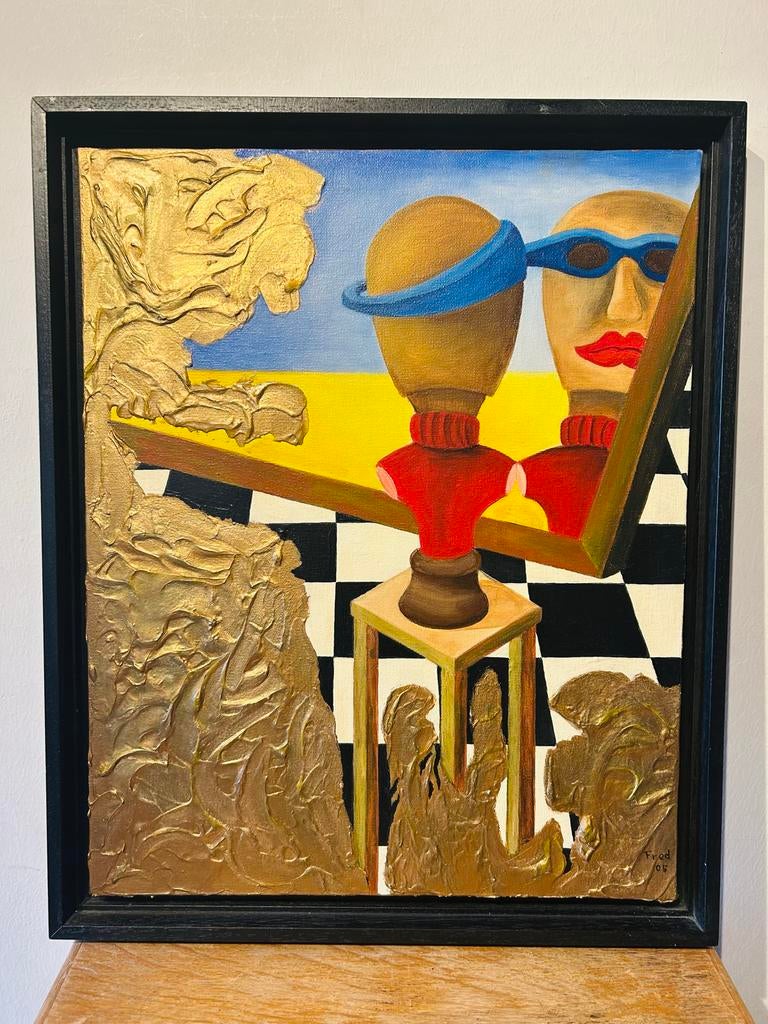 Fred - Surrealistisch olieverfschilderij met spiegel en goud, Antiek en Kunst, Ophalen of Verzenden