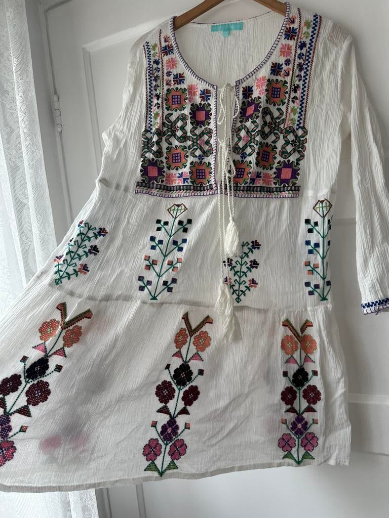 Bohemian wit geborduurde jurk Melissa Odabash M 38 40, Ophalen of Verzenden, Zo goed als nieuw, Maat 38/40 (M), Onder de knie