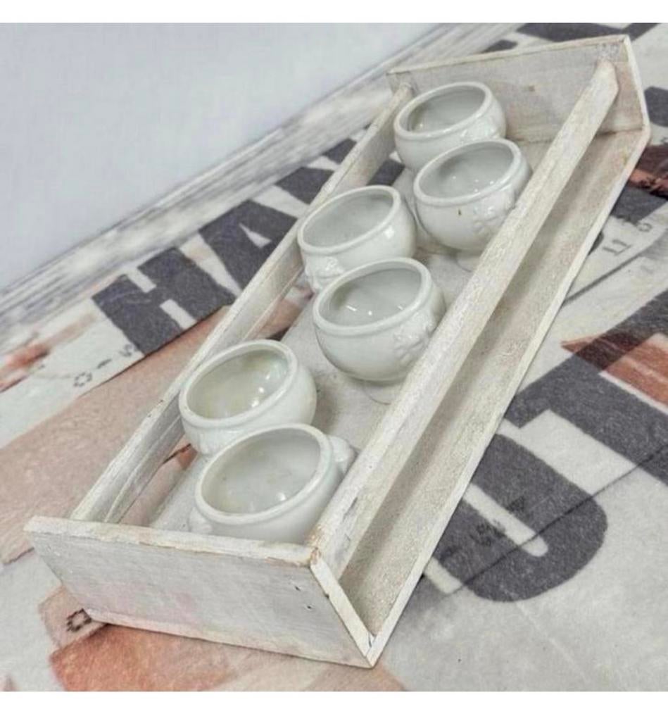 Vintage houten plankje met 6 eierdopjes eierdopje schaaltjes, Ophalen of Verzenden, Zo goed als nieuw, H, H