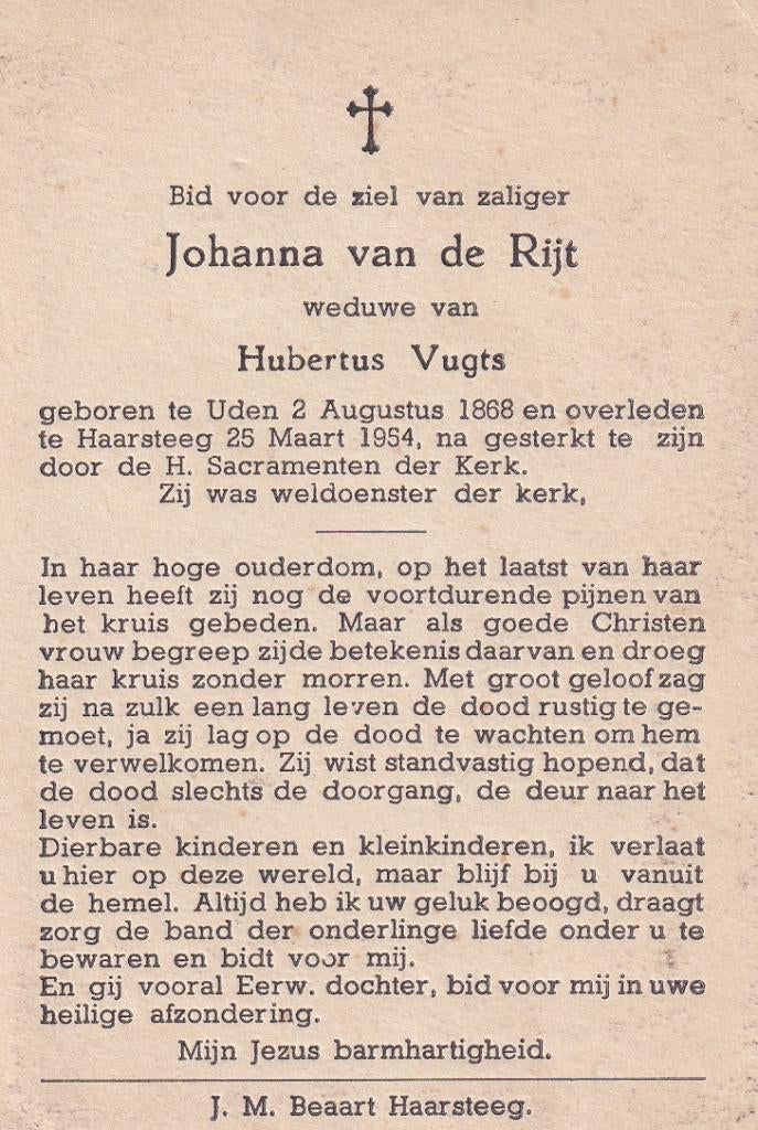 Rijt Johanna 1868 Uden 1954 Haarsteeg, Ophalen of Verzenden, Bidprentje
