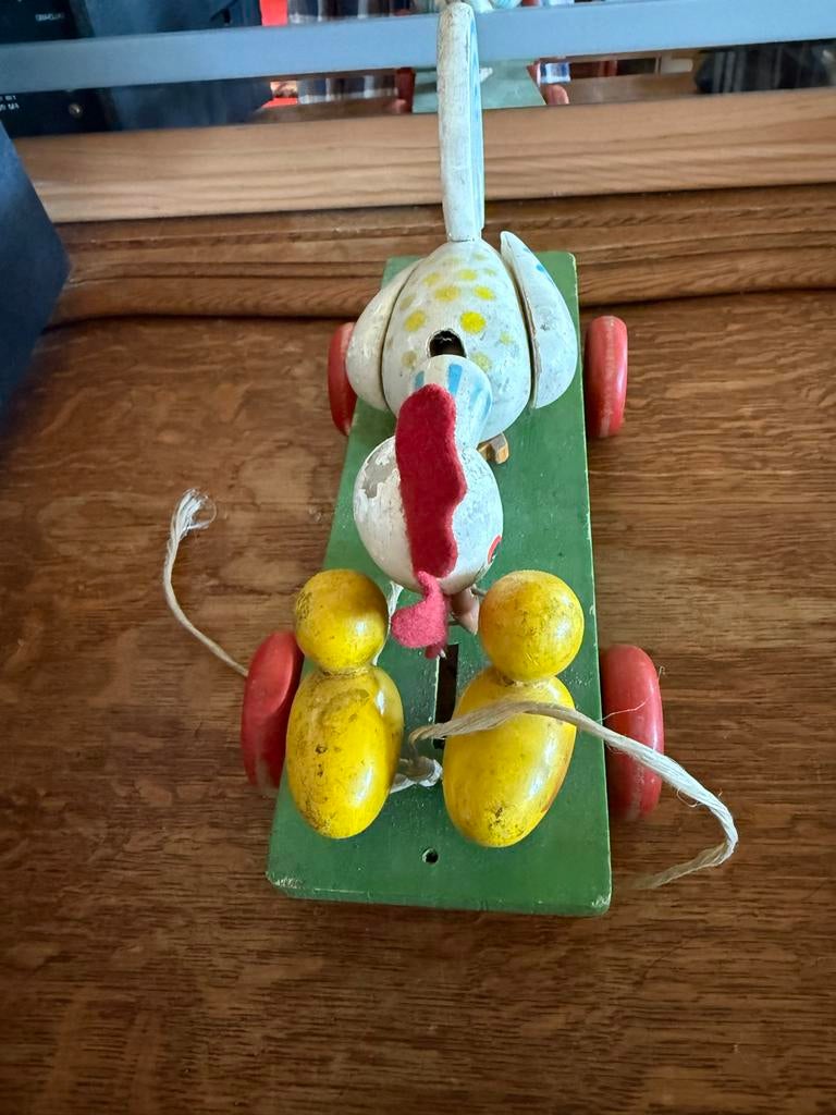 Vintage Houten Duwkar Kip met Kuikens Speelgoed, Ophalen of Verzenden, Gebruikt, Overige typen, Met wieltjes