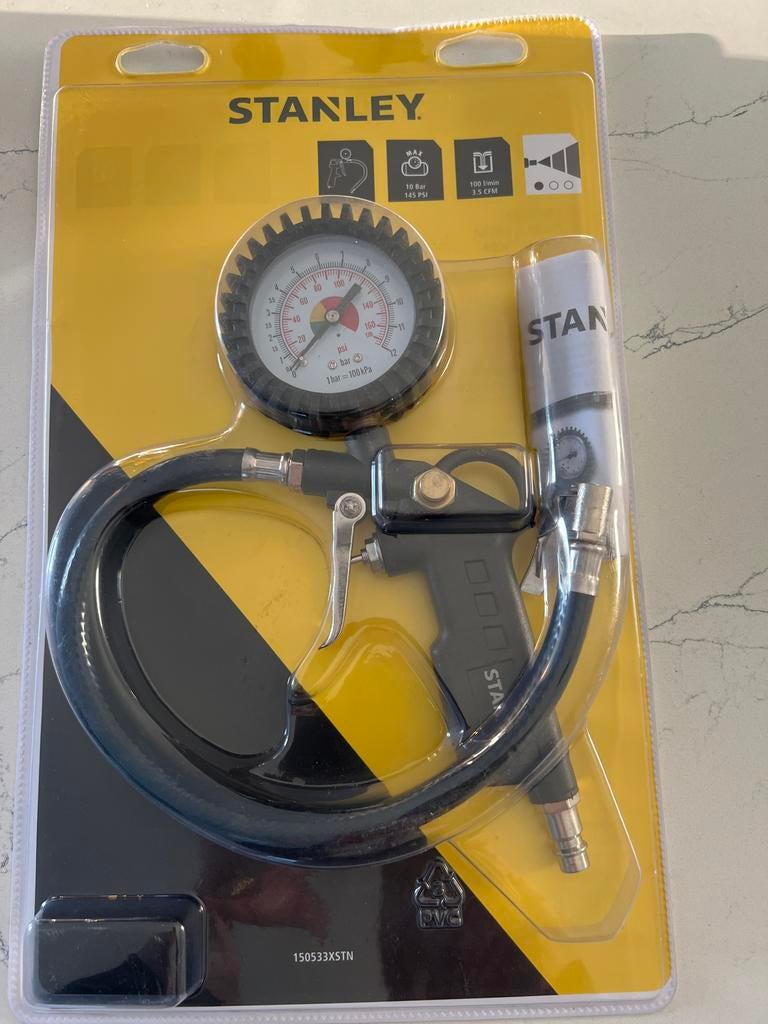 Stanley Bandenpomp met Manometer en Blaaspistool, 10 bar of meer, Nieuw, Ophalen of Verzenden, Minder dan 200 liter/min