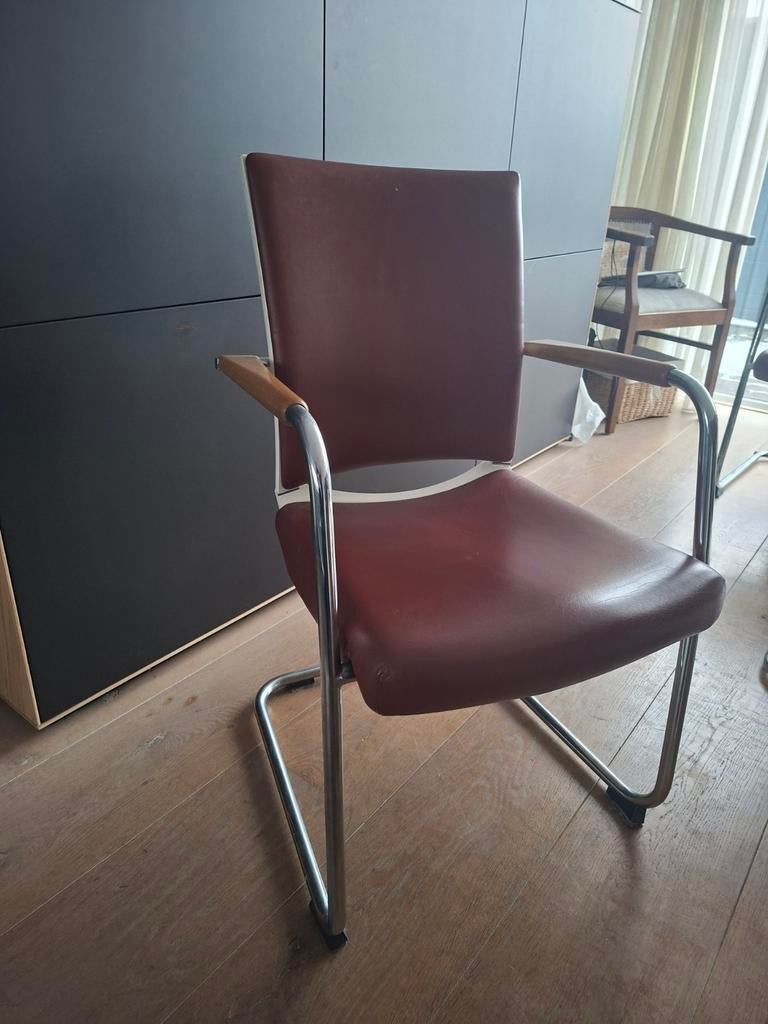 6 Vepa eetkamerstoelen, metaal, hout, bruin/cognac leer, Huis en Inrichting, Stoelen, Gebruikt, Bruin, Ophalen of Verzenden, Modern