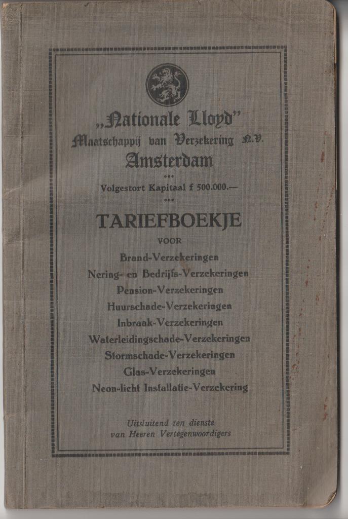 Nationale Lloyd Verzekering N.V. Amsterdam Tariefboekje 1935, Ophalen of Verzenden, Gelezen, Catalogus