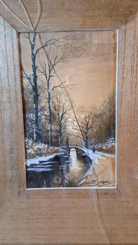 Schilderij aquarel FJ Van Rossum du Chattel winterlandschap, Ophalen of Verzenden