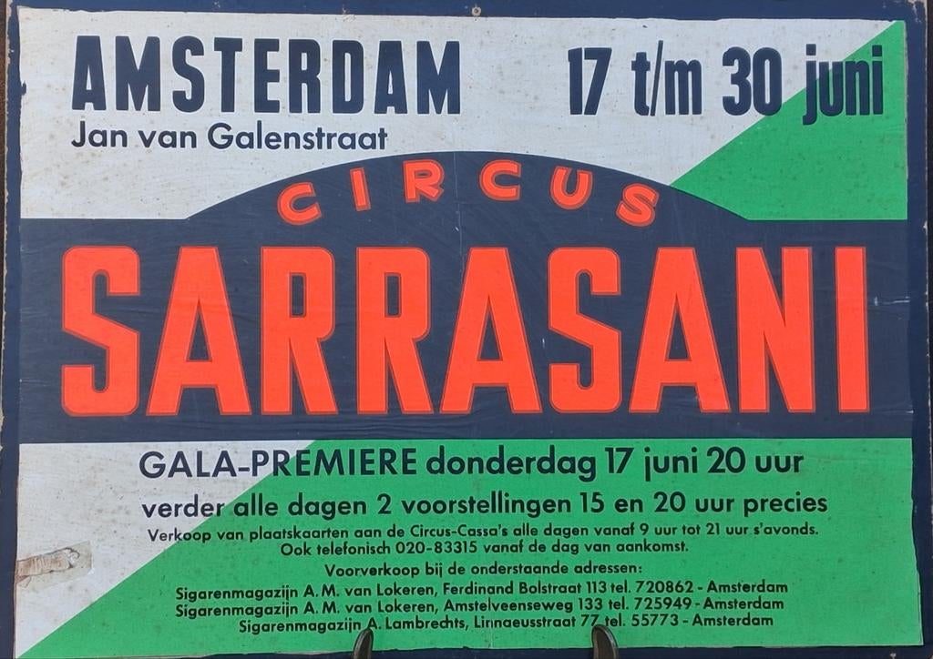 Amsterdam.  Circus SARRASANI poster. Oud.  42/32 cm., Ophalen, Gebruikt, Rechthoekig Liggend, A1 t/m A3