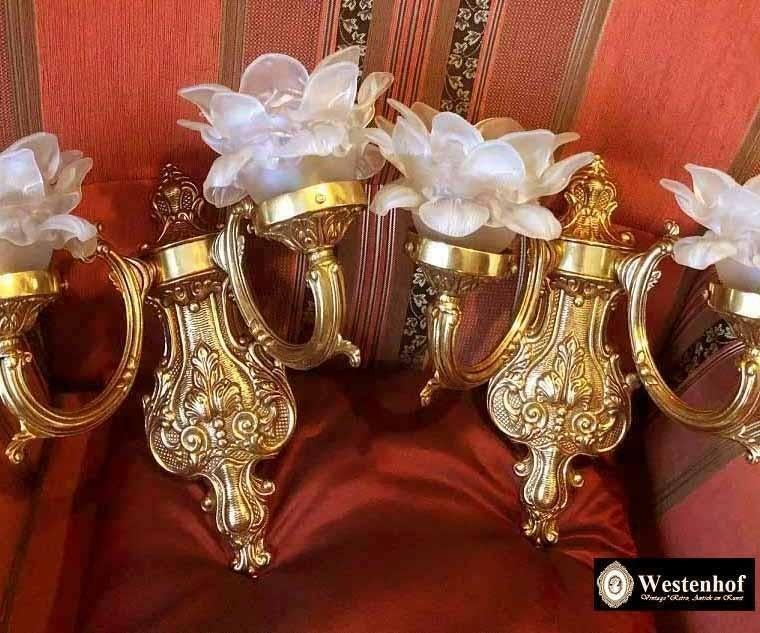 2 Barok wandlampen antiek messing goud met glazen kapje