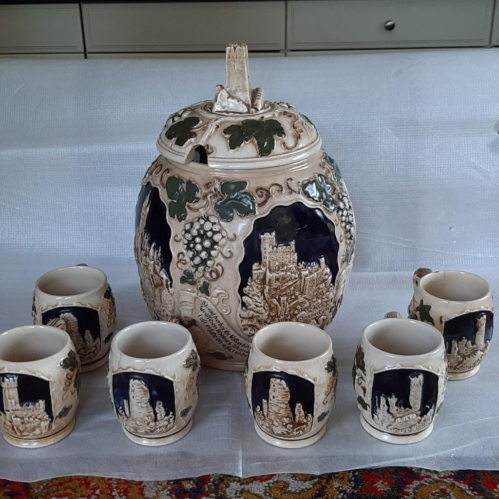 Vintage Gerz punch bowl met deksel / Rumtopf met 6 bekers, Ophalen