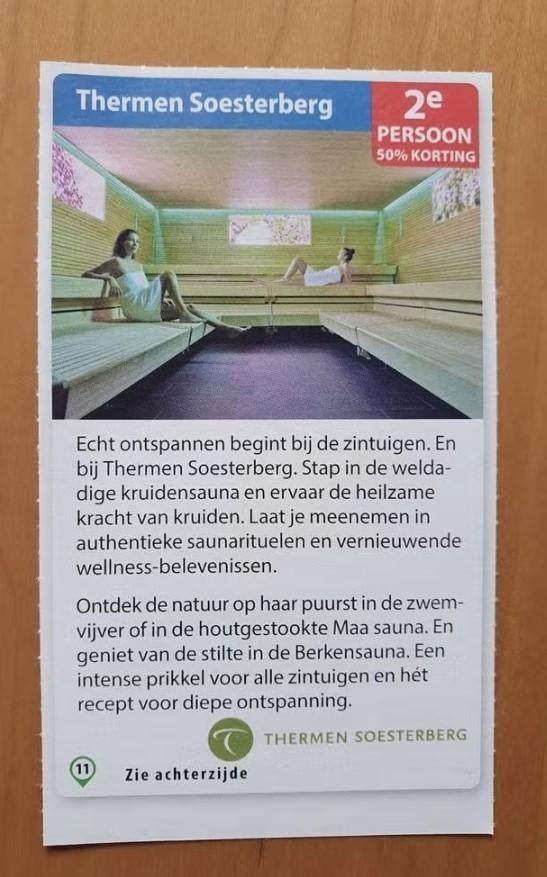 Thermen Soesterberg 2e persoon 50% korting, Tickets en Kaartjes, Kortingen en Cadeaubonnen, Drie personen of meer, Kortingsbon