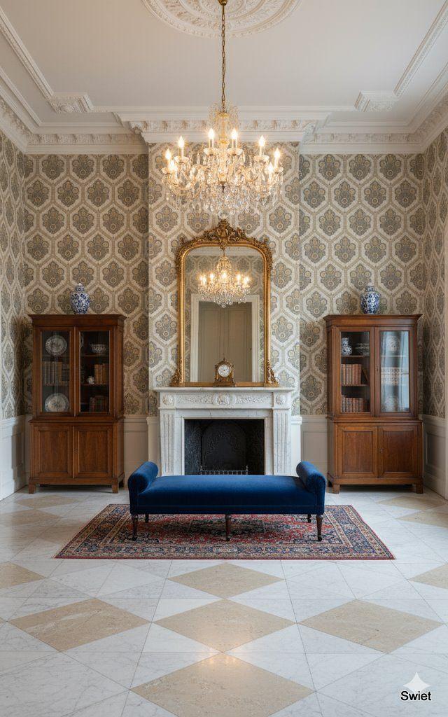 14088 Klassiek barok behang in blauw goud en beige swiet, Verzenden, 75 m² of meer, Beige