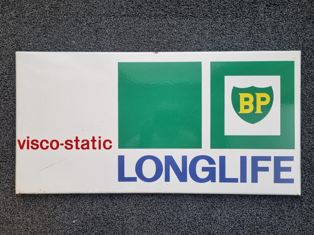 Emaille BP Reclamebord Visco-Static Longlife 60x30cm, Verzamelen, Ophalen of Verzenden, Gebruikt, Reclamebord