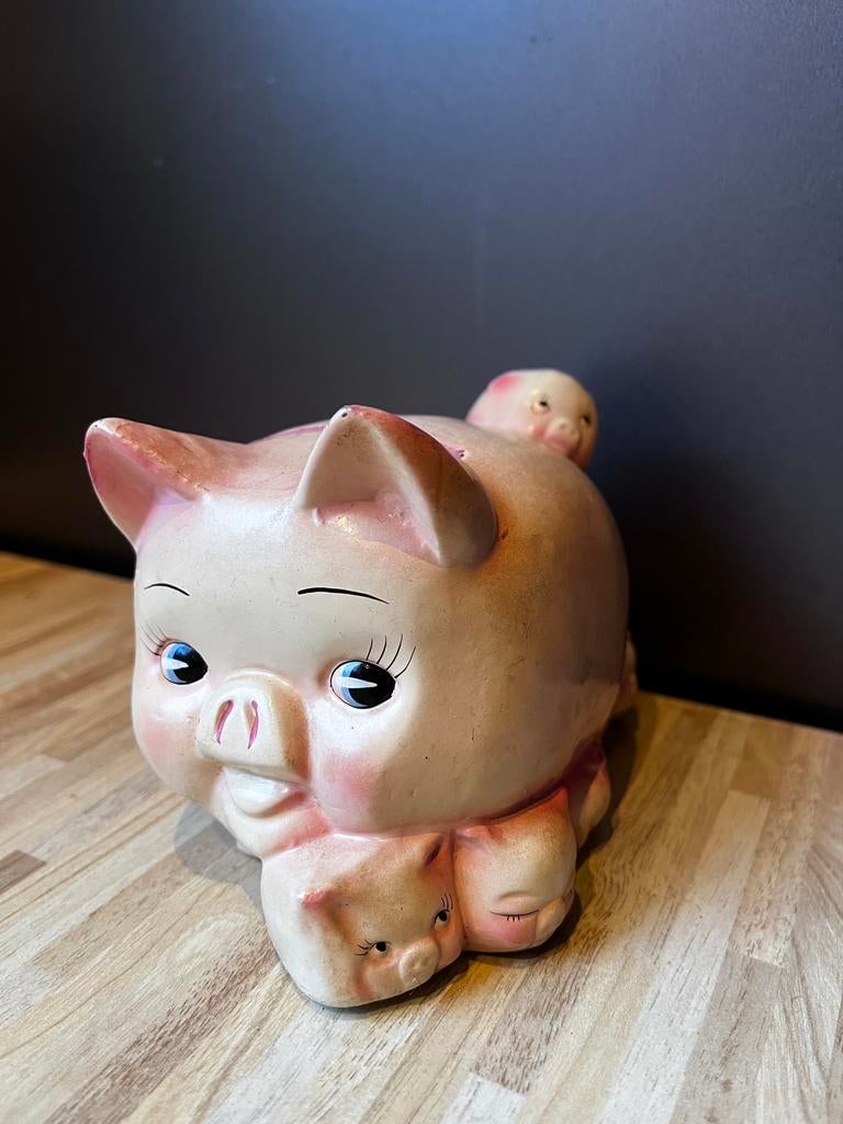 Vintage Spaarvarken Japan 1950/1960- Mama met Kleintjes, Ophalen of Verzenden, Gebruikt, Steen, Aardewerk of Keramiek, Dier