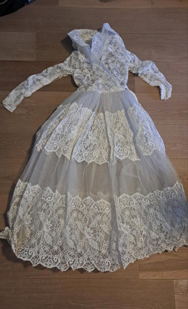 Vintage Trouwjurk jaren '50 met bontjasje, Ophalen, Gedragen, Wit, Trouwjurk