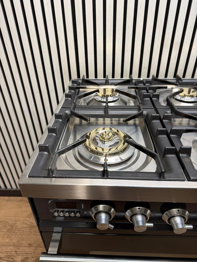 Luxe Boretti Fornuis antraciet 6 pits met dubbele oven 90 cm, Fornello Esperta, Ophalen of Verzenden, Zo goed als nieuw, Energieklasse A of zuiniger