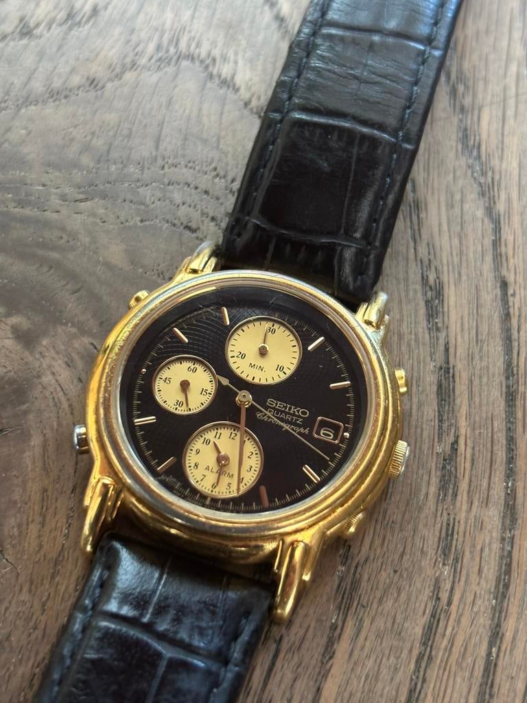 Vintage Seiko alarm chronograph, Seiko, Leer, Polshorloge, Ophalen of Verzenden