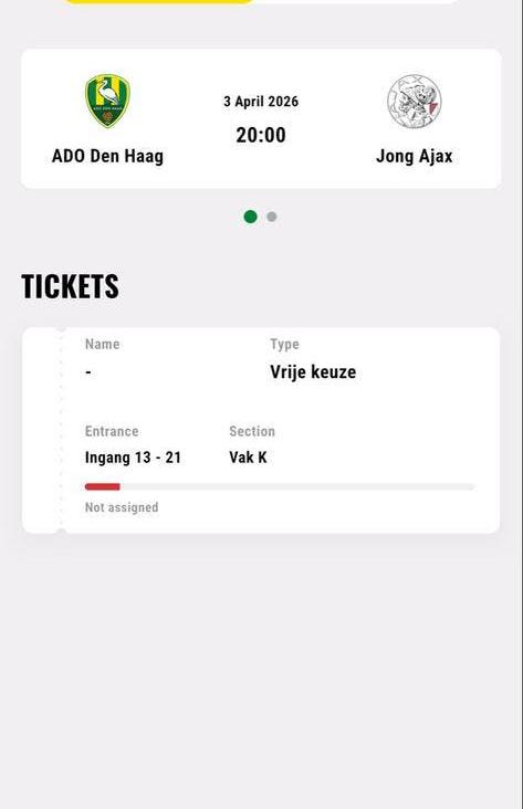 Ticket te koop! ADO den haag vs Jong ajax, Eén persoon, April