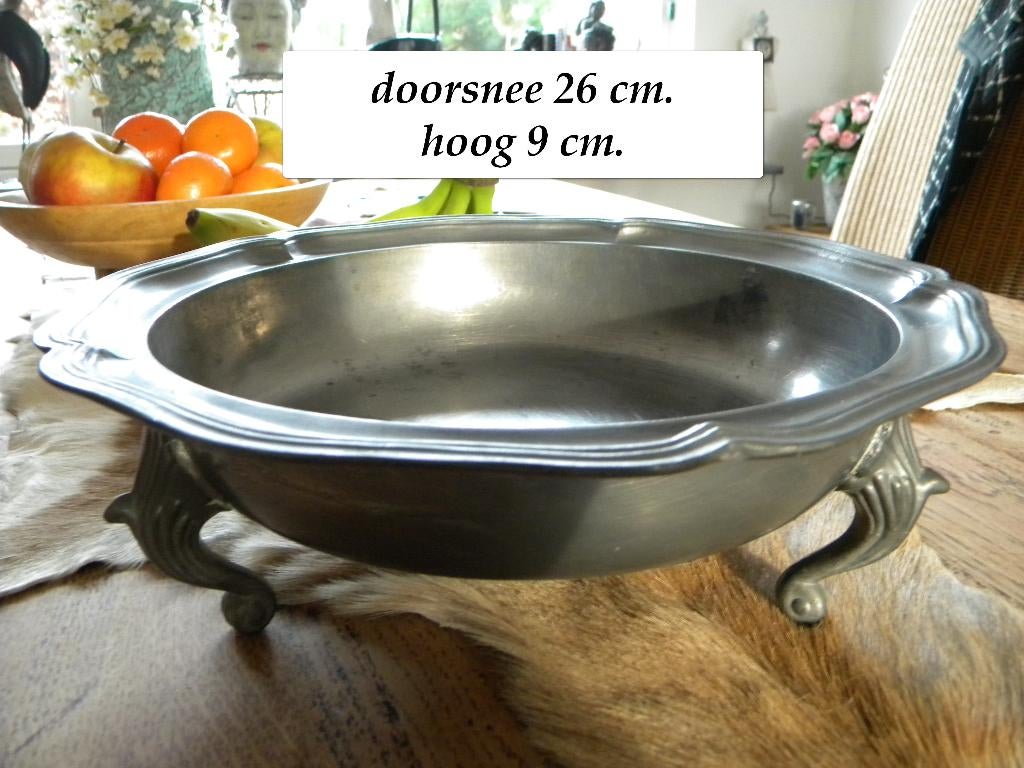 FRUITSCHAAL TIN, TINNEN SCHAAL, SCHAAL TIN OP DRIE POOTJES, Ophalen of Verzenden