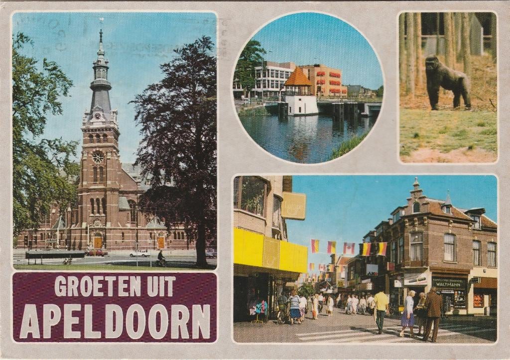 APELDOORN Kerk Kanaal Winkels Apenheul Groeten, Verzamelen, Ansichtkaarten | Nederland, Verzenden, 1960 tot 1980, Gelopen, Gelderland