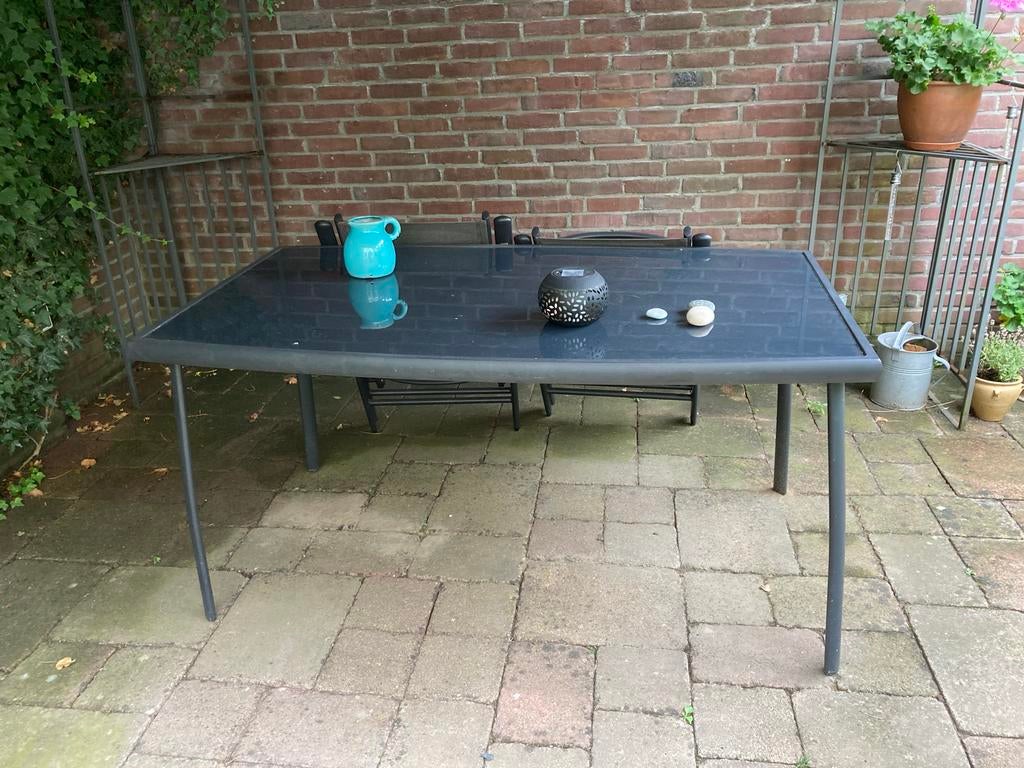 Tuintafel met glazen blad, Tuin en Terras, Tuintafels, Ophalen, Gebruikt, Rechthoekig, Metaal
