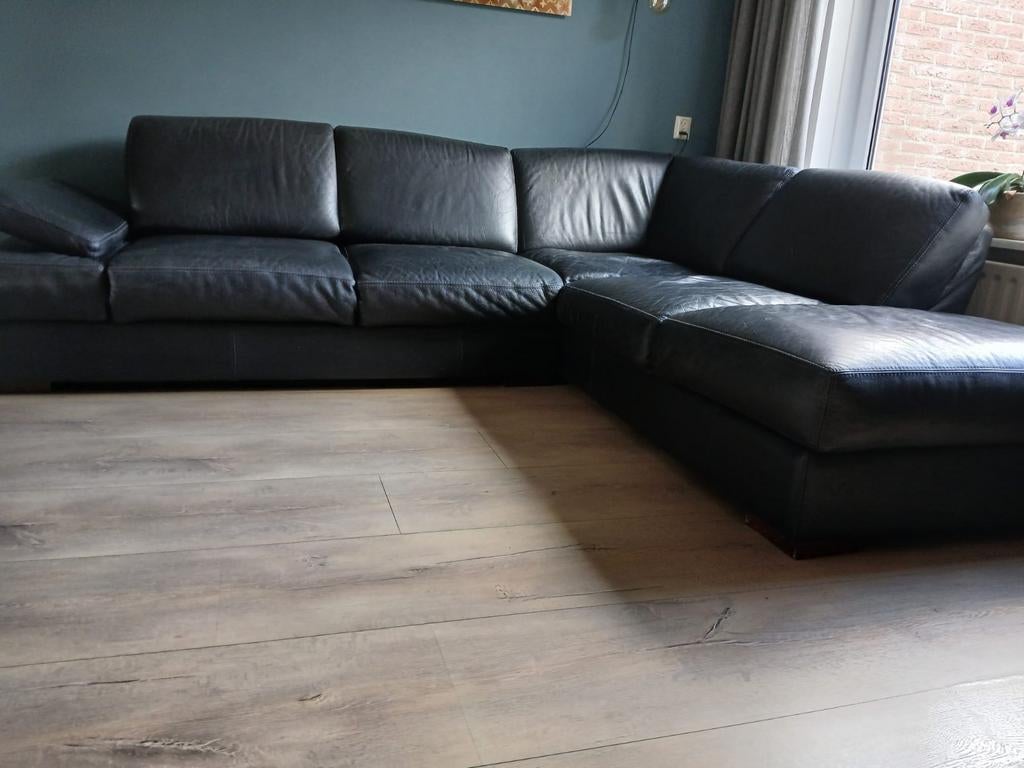 Hoekbank zwart leder 270x225, Huis en Inrichting, Ophalen, Gebruikt, Leer