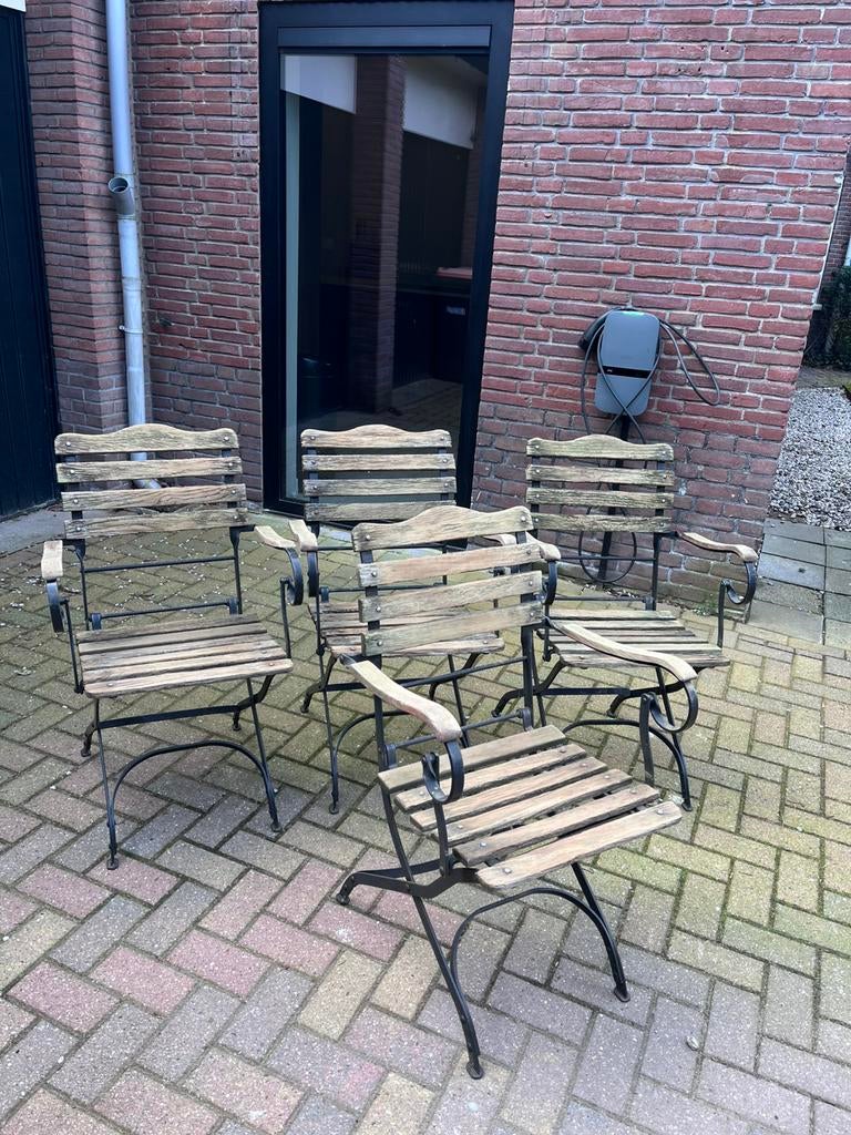 Vier franse bistrostoelen gietijzer bistro stoeltjes tuin, Ophalen, Gebruikt, Metaal