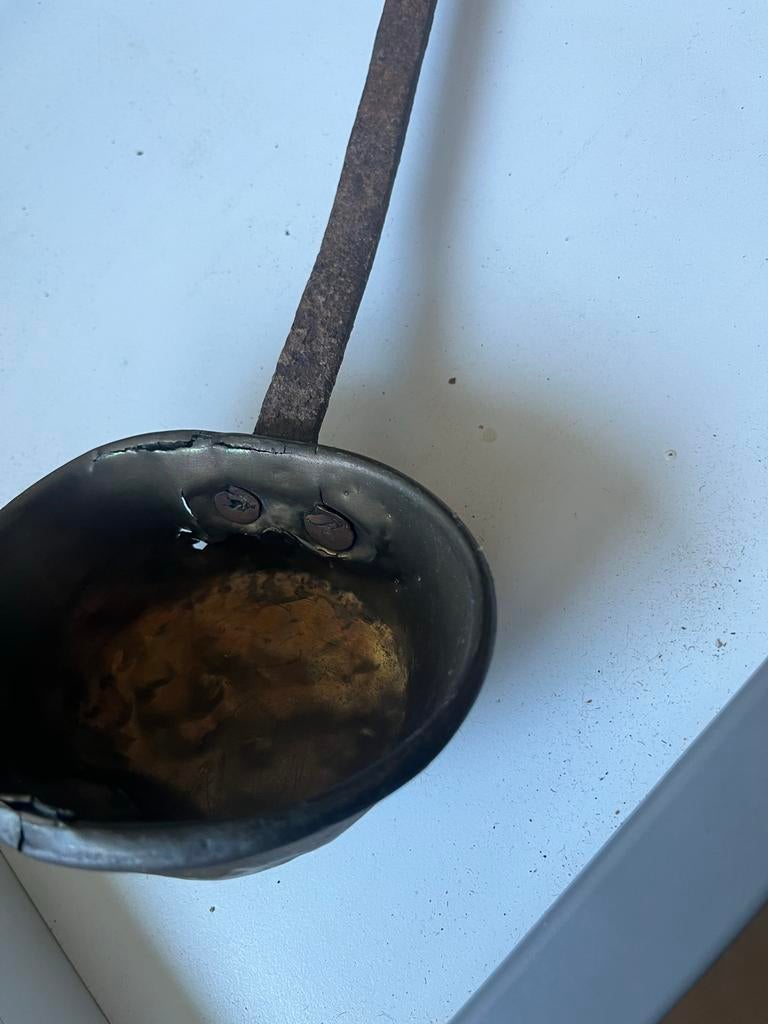 Antieke koperen pollepel met ijzeren handvat, Ophalen of Verzenden