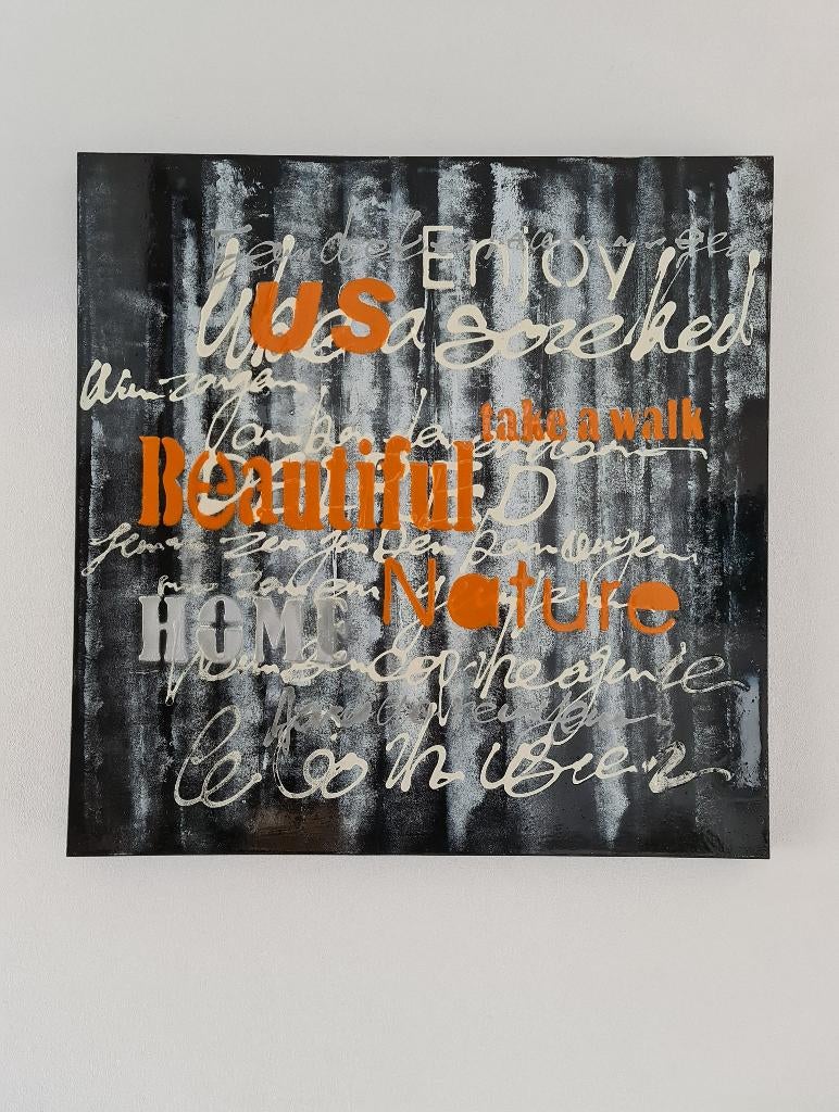 modern schilderij woorden teksten oranje wit zwart 80x80cm, Ophalen