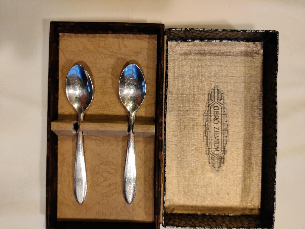 2 verzilverde espresso lepeltjes in doosje, Ophalen of Verzenden