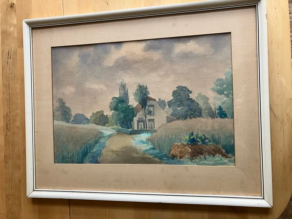 Aquarel Landschap Schilderij in Lijst - Gesigneerd 1, Ophalen of Verzenden