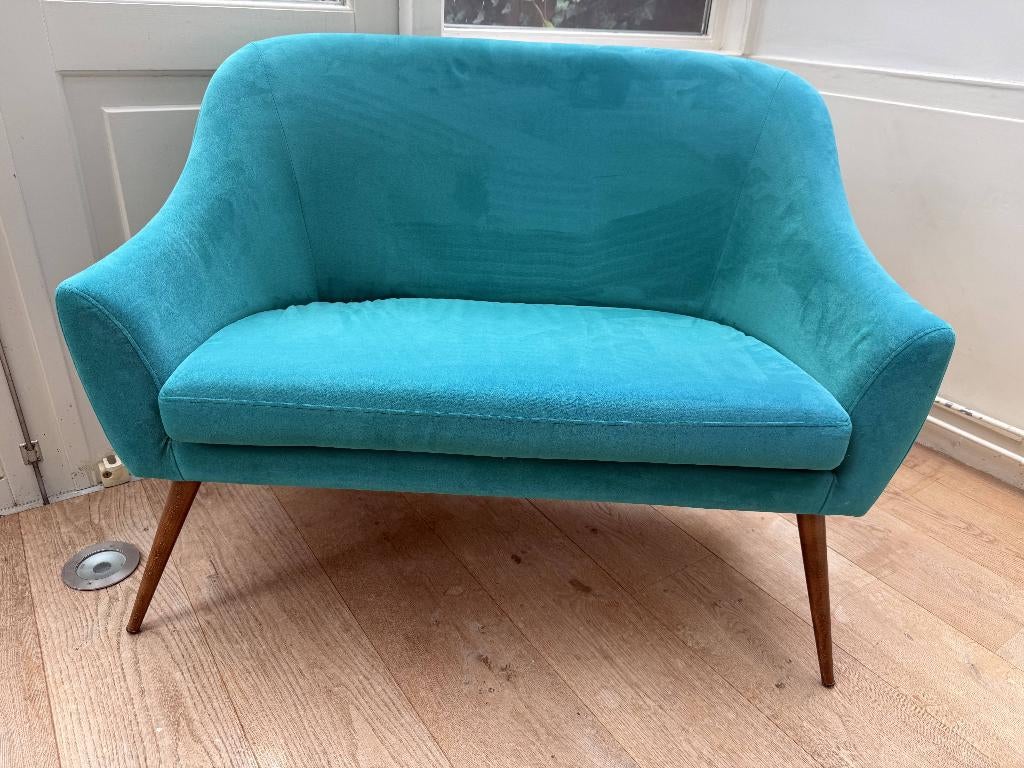2 zits bank teal fluweel mid century stijl, Ophalen, Minder dan 75 cm, Tweepersoons, Zo goed als nieuw