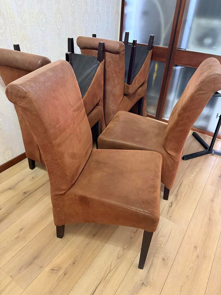 Set van 6 bruine eetkamerstoelen, Huis en Inrichting, Stoelen, Ophalen, Gebruikt, Bruin, Stof