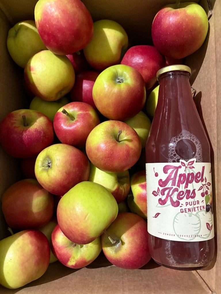 Doos met fruit + fruitsap, diverse soorten naar keuze, Ophalen