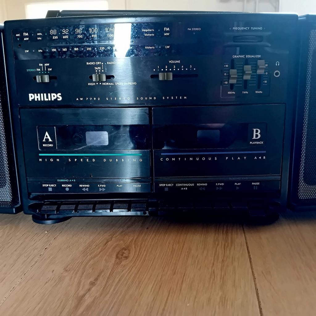 Philips AW 7792 boombox stereo radio cassette speler vintage, Audio, Tv en Foto, Cassettedecks, Ophalen, Dubbel, Philips