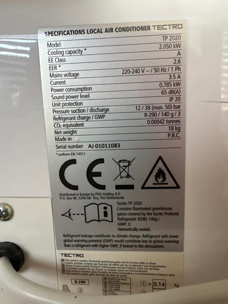 Tectro TP 2020 mobiele airco, Gebruikt, Ophalen of Verzenden, Energieklasse A of zuiniger, Koelen en Ontvochtigen