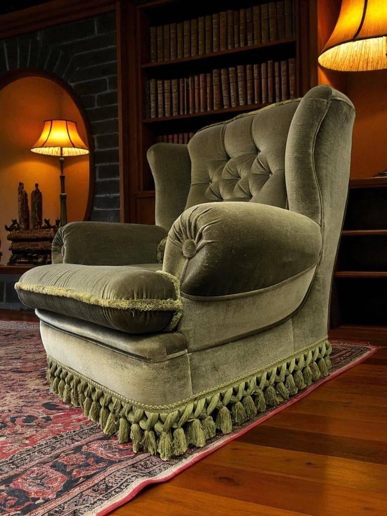 Vintage groene éénzit / clubzetel/fauteuil met franjes, Ophalen