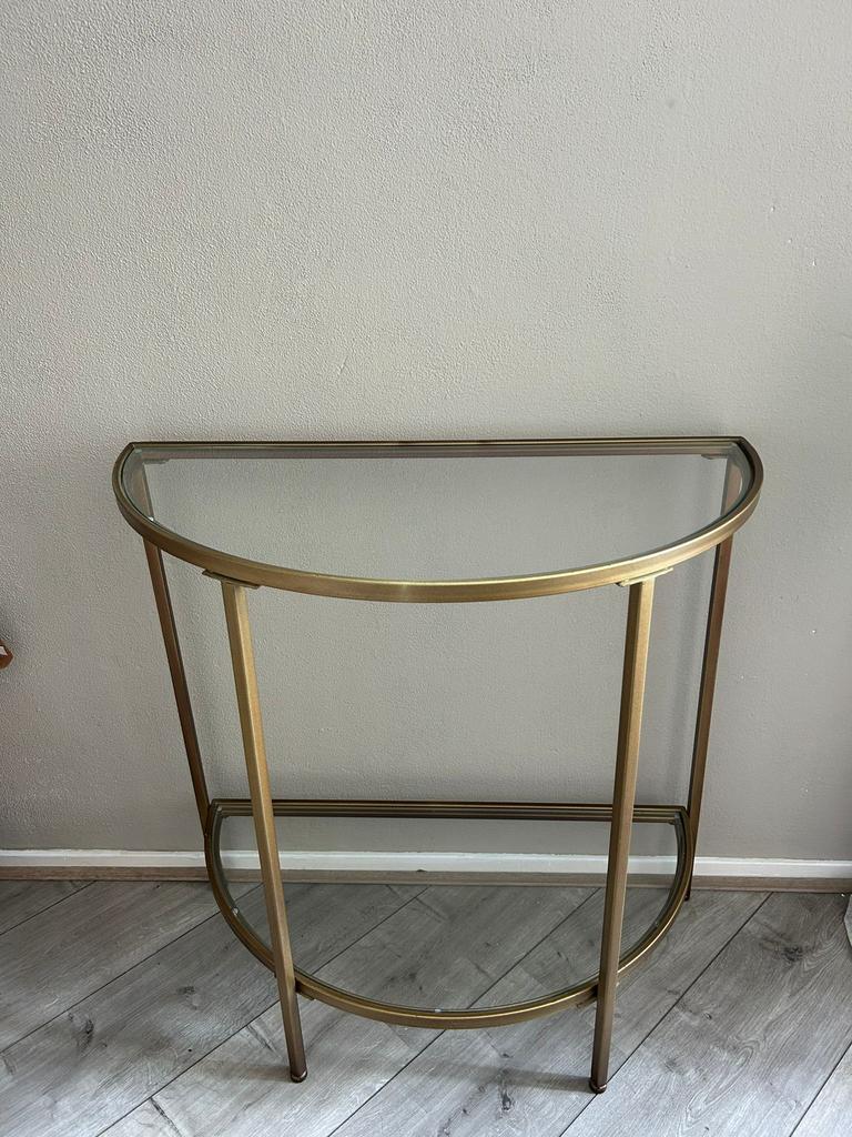 Glazen en gouden bijzettafel / wandtafel, Huis en Inrichting, Tafels | Bijzettafels, Minder dan 55 cm, Rond, Ophalen, 45 tot 60 cm